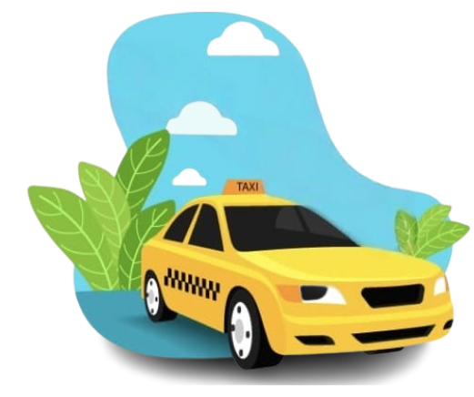 Illustration of a yellow taxi with plants and clouds in the background